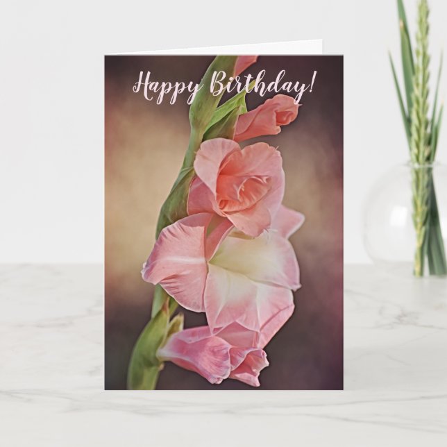 Pink Gladiolus Flower Birthday Card (Front)