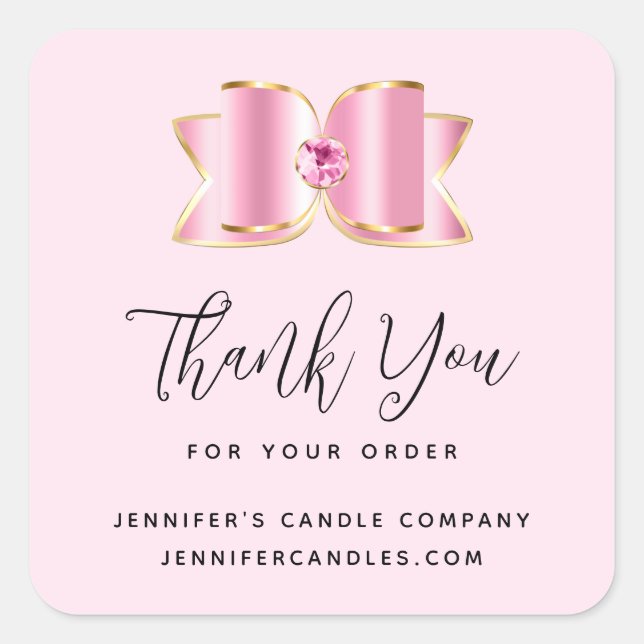 Pink Glam Bow Elegant and Fancy Business Thank You Square Sticker (Front)