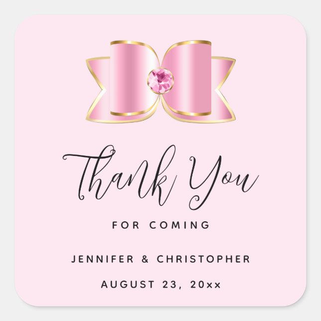 Pink Glam Bow with a Centre Gem Wedding Thank You Square Sticker (Front)
