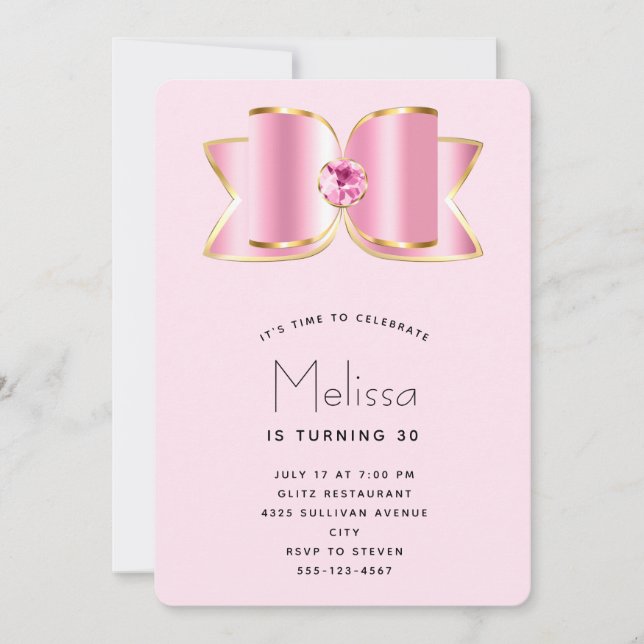 Pink Glam Bow with a Centre Gemstone Birthday Invitation (Front)