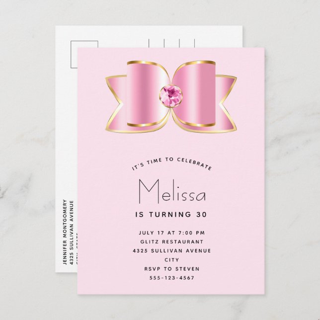 Pink Glam Bow with a Centre Gemstone Birthday Invitation Postcard (Front/Back)