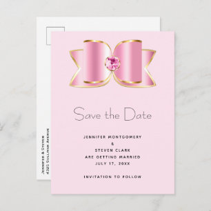 Pink Glam Bow with a Centre Gemstone Save the Date Invitation Postcard