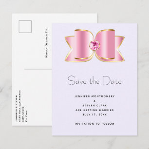 Pink Glam Bow with a Centre Gemstone Save the Date Invitation Postcard