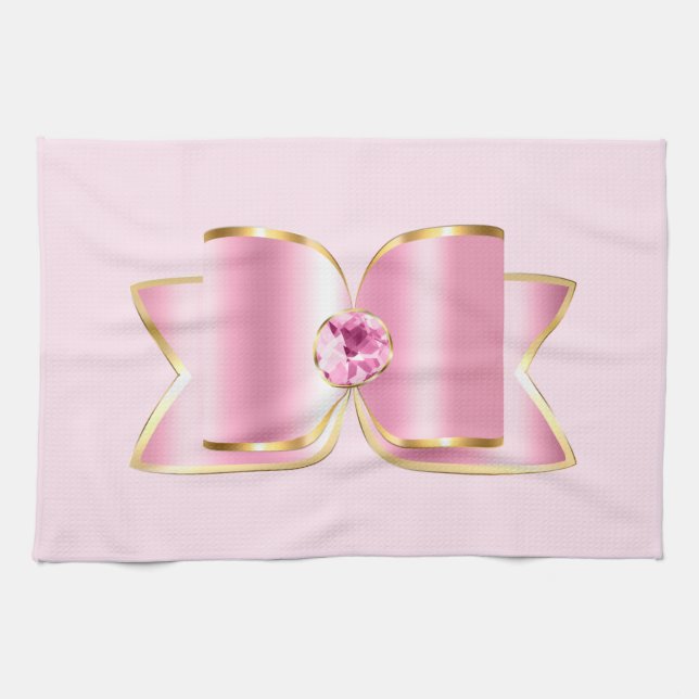 Pink Glam Bow with a Centre Gemstone Tea Towel (Horizontal)