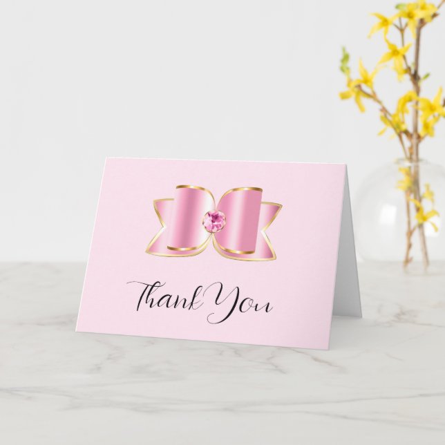 Pink Glam Bow with a Centre Gemstone Thank You Card (Yellow Flower)