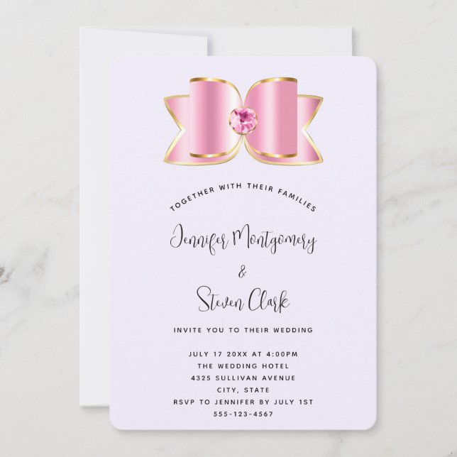 Pink Glam Bow with a Centre Gemstone Wedding Invitation (Front)