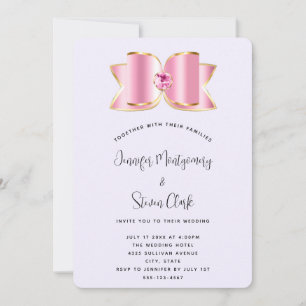 Pink Glam Bow with a Centre Gemstone Wedding Invitation