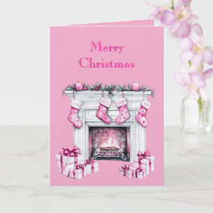 Pink Glam Christmas Stocking Fireplace Card