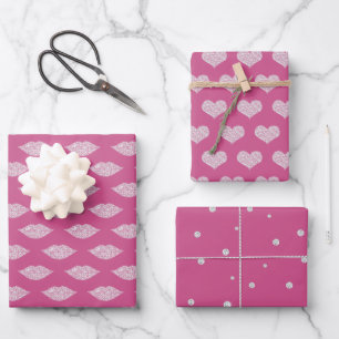 Pink Glam Diamonds Lips and Hearts Wrapping Paper Sheet