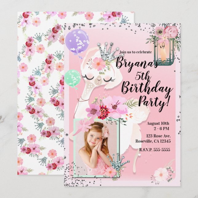 Pink Glam Diva Llama Princess Birthday Party Photo Invitation (Front/Back)