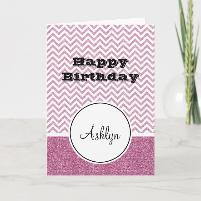 Pink Glam Faux Glitter Chevron Card (Front)
