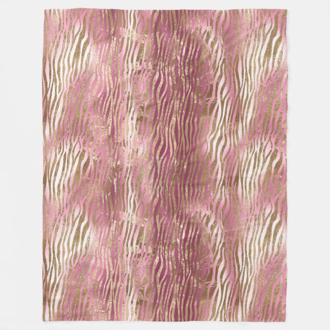 Pink Glam Glam Gold Zebra Animal print Fleece Blanket (Front)
