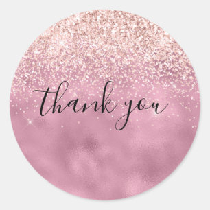 Pink Glam Glitzy Glitter Thank you Classic Round Sticker