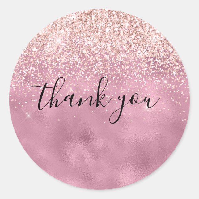 Pink Glam Glitzy Glitter Thank you Classic Round Sticker (Front)