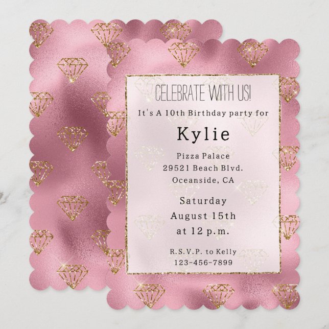Pink Glam Gold Diamonds Invitation (Front/Back)
