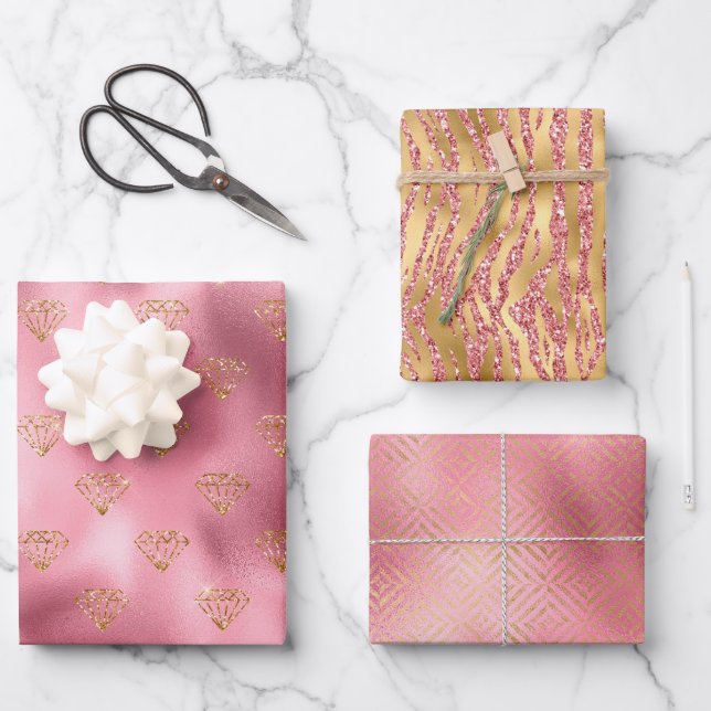Pink Glam Gold Diamonds Wrapping Paper Sheet (Front)