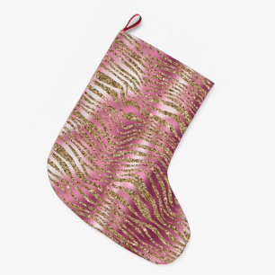 Pink Glam Gold Glitter Zebra Print Large Christmas Stocking