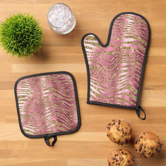 Pink Glam Gold Glitter Zebra Print Oven Mitt & Pot Holder Set (Top Down)