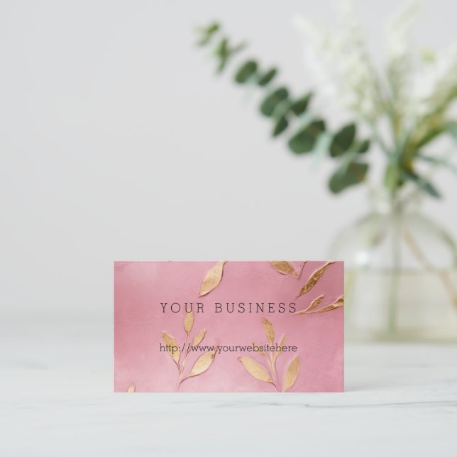 Pink Glam Gold Leaves Business Card (Standing Front)