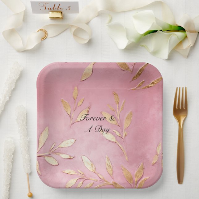 Pink Glam Gold Leaves Paper Plate (Wedding)