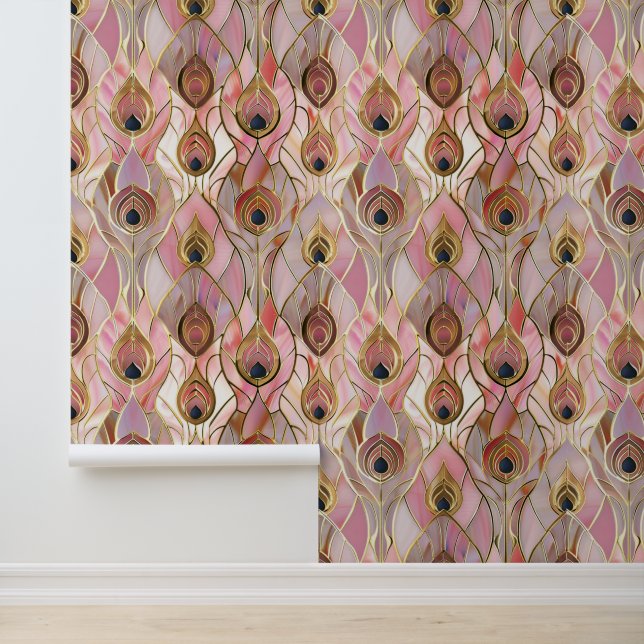 Pink Glam Gold Peacock Feathers Wallpaper (Application)