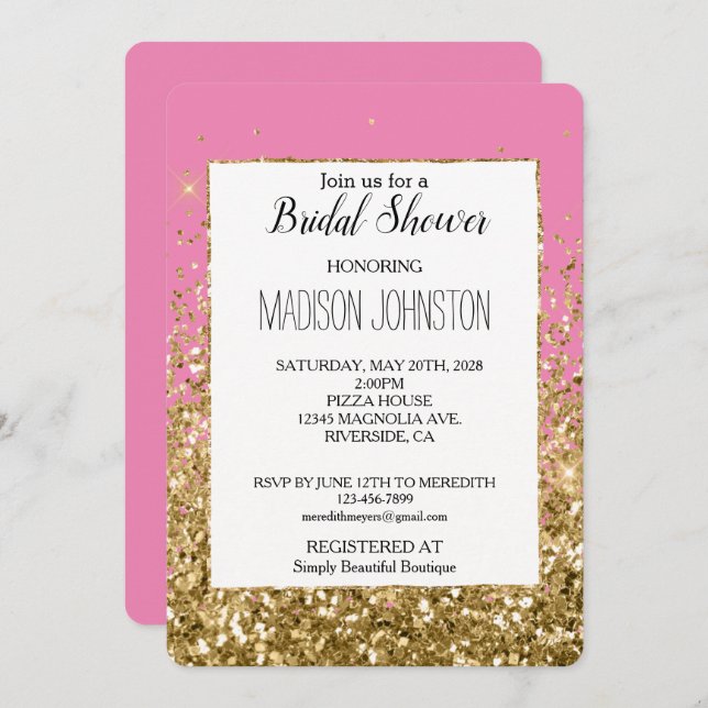 Pink Glam Gold Sparkle Glitter Bridal Shower Invitation (Front/Back)