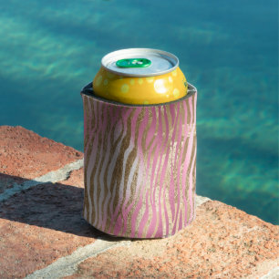 Pink Glam Gold Zebra Animal print Can Cooler