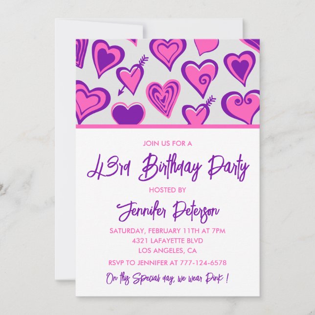 Pink Glam Heart Pattern 43rd birthday invitations  (Front)