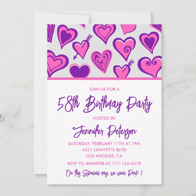Pink Glam Heart Pattern 58th birthday invitations  (Front)