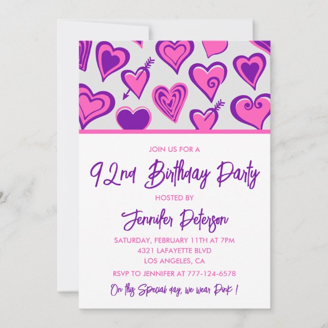 Pink Glam Heart Pattern 92nd birthday invitations  (Front)