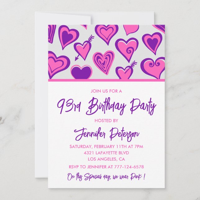Pink Glam Heart Pattern 93rd birthday invitations  (Front)