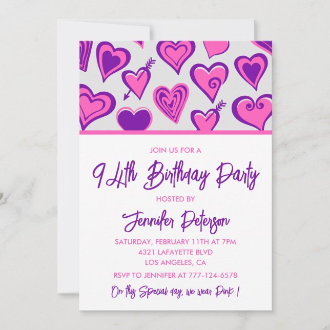 Pink Glam Heart Pattern 94th birthday invitations  (Front)
