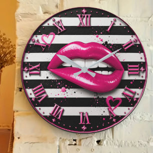 Pink Glam Lips Stripes Chic Fashion Large Clock