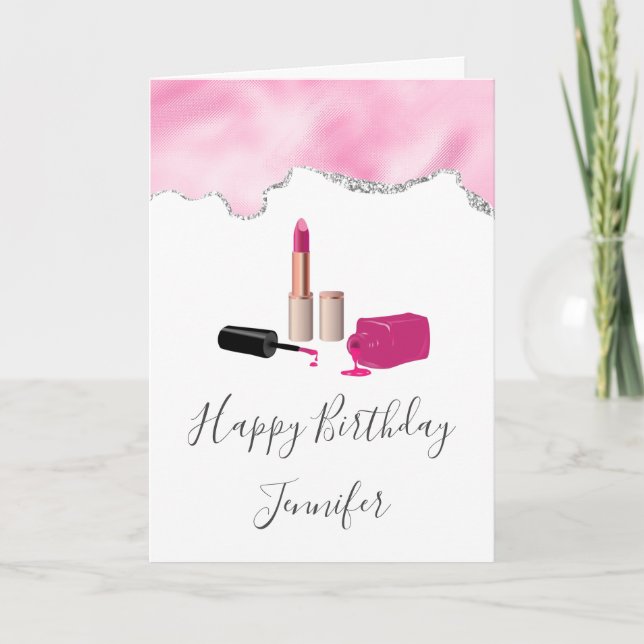  Pink Glam Lipstick & Nail Polish Beauty Birthday Card (Front)