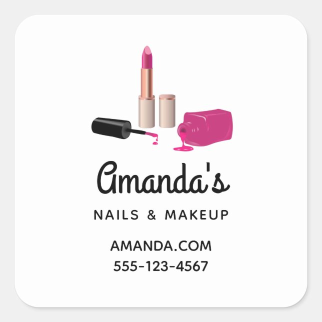 Pink Glam Lipstick & Nail Polish Beauty Business Square Sticker (Front)