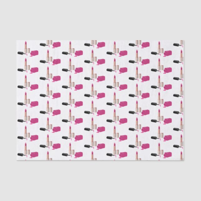 Pink Glam Lipstick & Nail Polish Beauty Pattern Tissue Paper (Front)