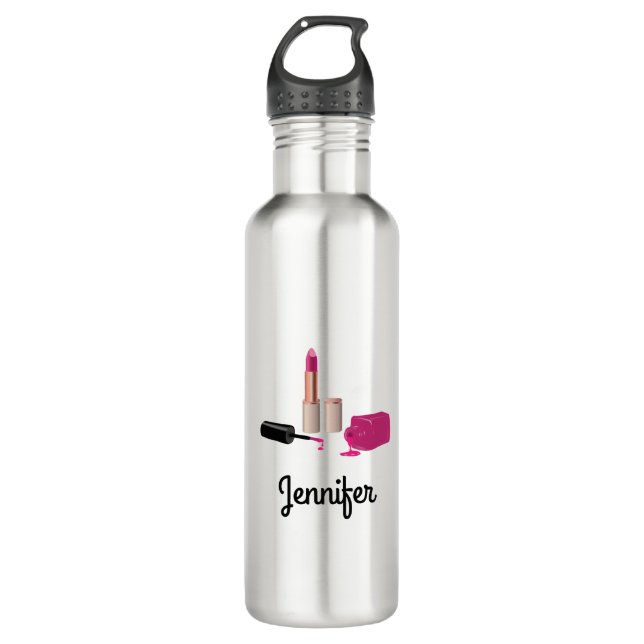 Pink Glam Lipstick & Nail Polish Beauty Themed 710 Ml Water Bottle (Front)