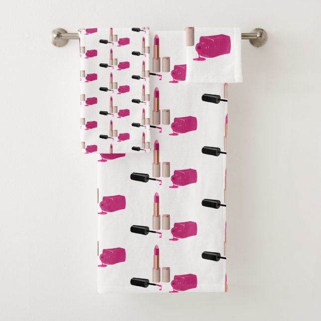  Pink Glam Lipstick & Nail Polish Beauty Themed Bath Towel Set (Insitu)