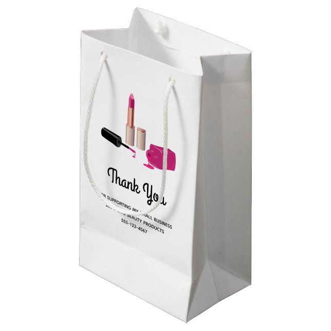 Pink Glam Lipstick & Nail Polish Beauty Themed Biz Small Gift Bag (Front Angled)