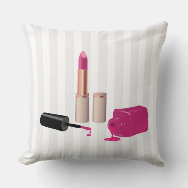 Pink Glam Lipstick & Nail Polish Beauty Themed Cushion (Front)