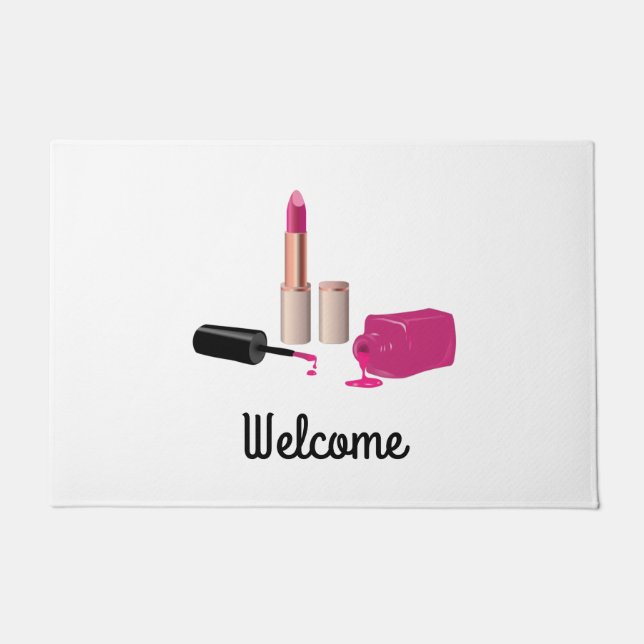 Pink Glam Lipstick & Nail Polish Beauty Themed Doormat (Front)