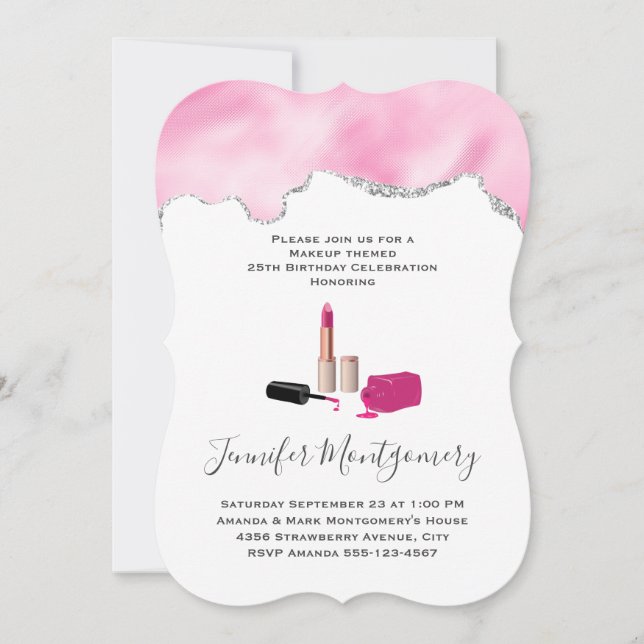 Pink Glam Lipstick & Nail Polish Beauty Themed Invitation (Front)