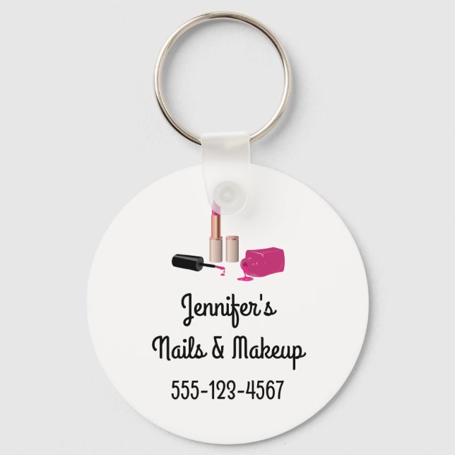 Pink Glam Lipstick & Nail Polish Beauty Themed Key Ring (Front)