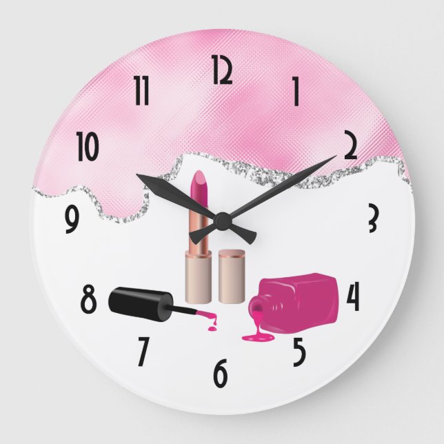 Pink Glam Lipstick & Nail Polish Beauty Themed Large Clock (Front)