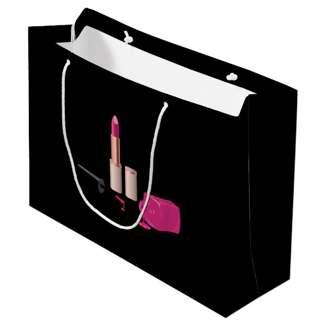 Pink Glam Lipstick & Nail Polish Beauty Themed Large Gift Bag (Front Angled)