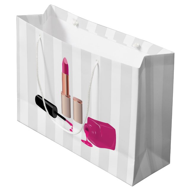 Pink Glam Lipstick & Nail Polish Beauty Themed Large Gift Bag (Front Angled)
