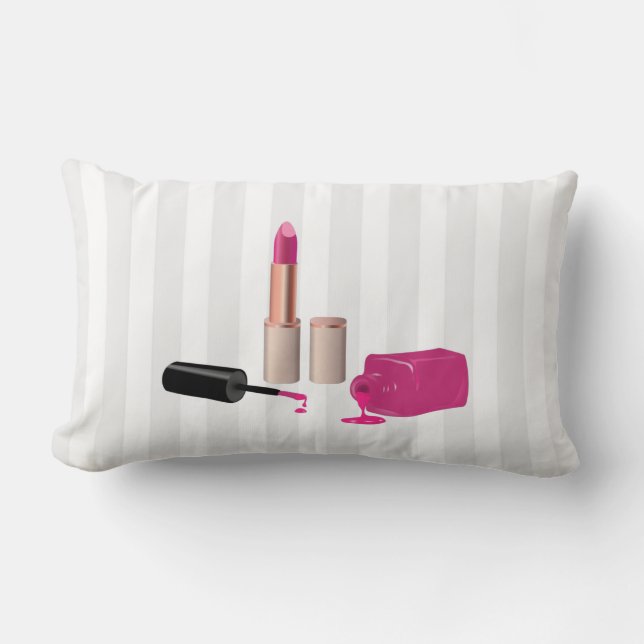 Pink Glam Lipstick & Nail Polish Beauty Themed Lumbar Cushion (Front)