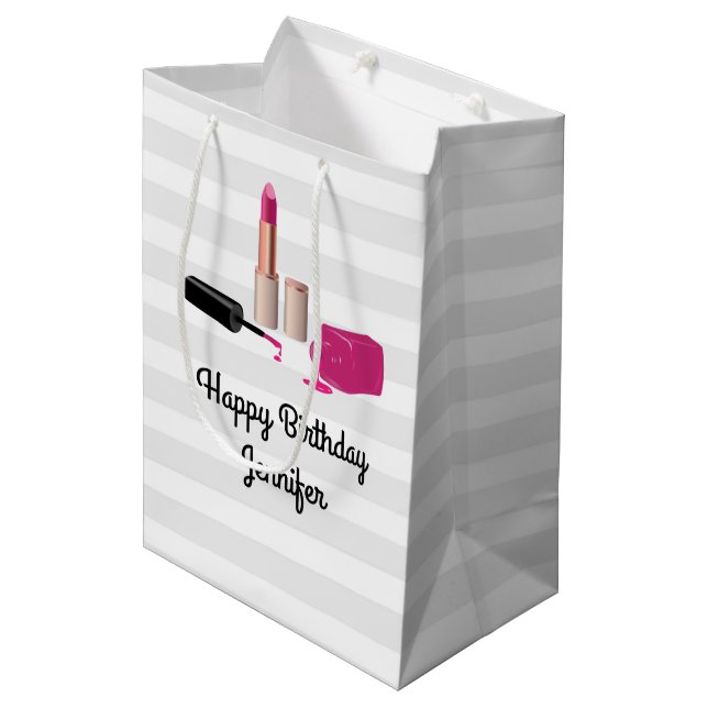 Pink Glam Lipstick & Nail Polish Beauty Themed Medium Gift Bag (Front Angled)