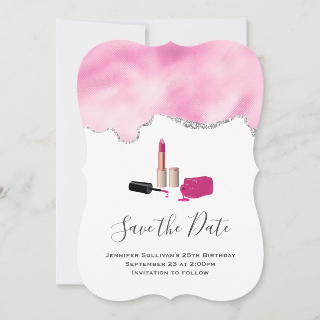 Pink Glam Lipstick & Nail Polish Beauty Themed Save The Date (Front)