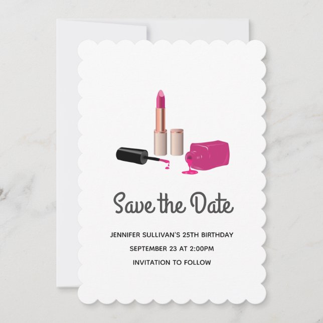 Pink Glam Lipstick & Nail Polish Beauty Themed Save The Date (Front)
